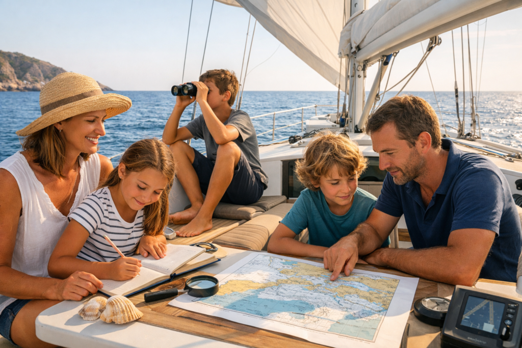 Une famille navigue sur un voilier au coucher du soleil. Les parents et les enfants partagent un moment d’apprentissage à bord : lecture, observation de la mer et étude d’une carte marine. Le bateau devient une école de vie, entre transmission, découverte et liberté.
