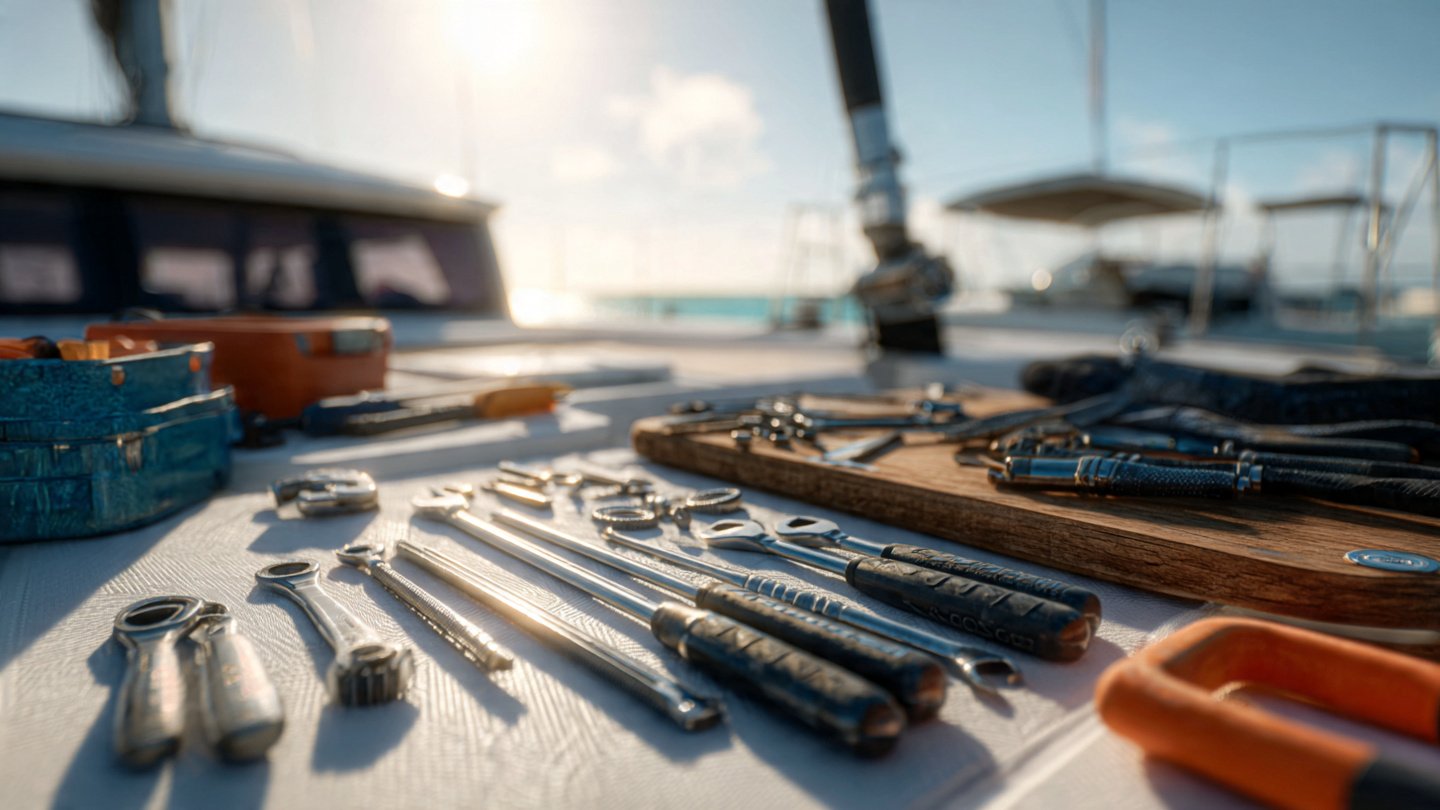 Outils essentiels de bricolage et de maintenance disposés sur le pont d’un bateau