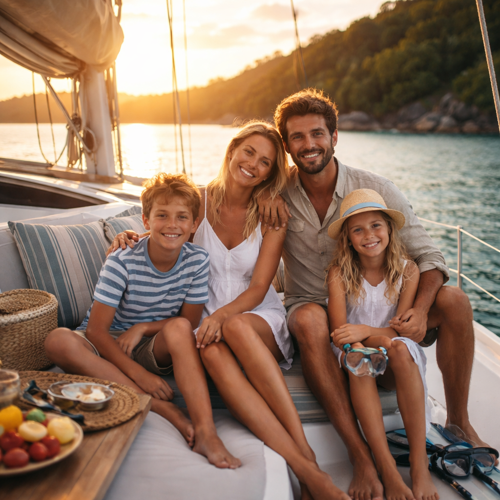 Famille à bord d’un catamaran, illustrant un projet de vie en mer construit pas à pas.