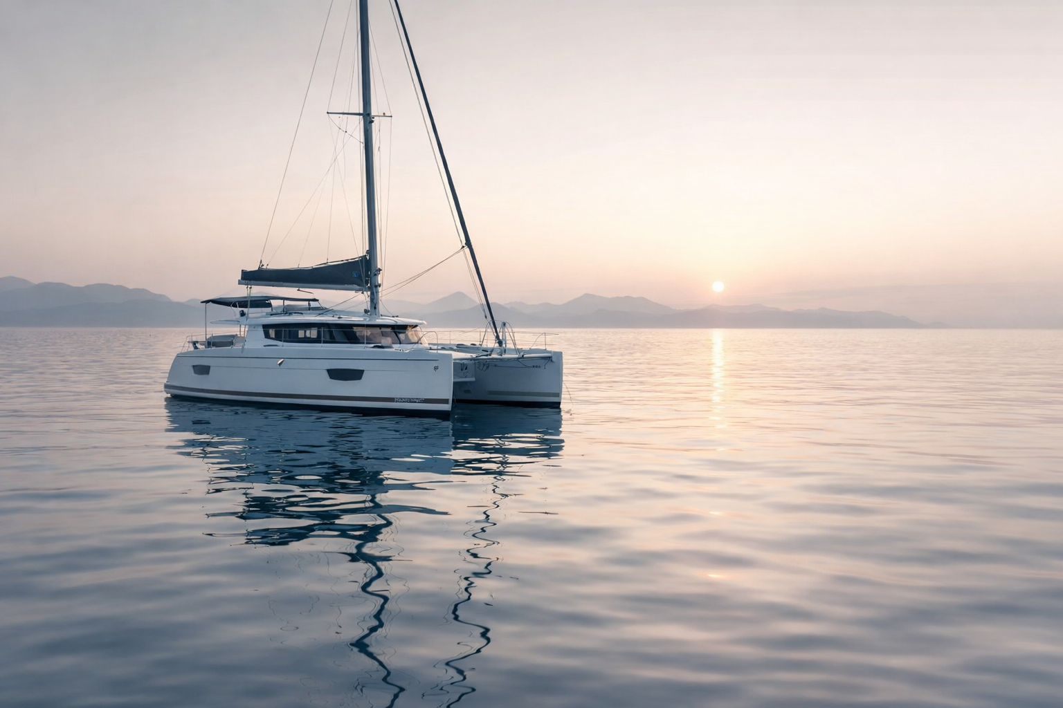 Catamaran au mouillage sur une mer calme au lever du jour, symbole d’un projet de vie en mer construit avec patience.