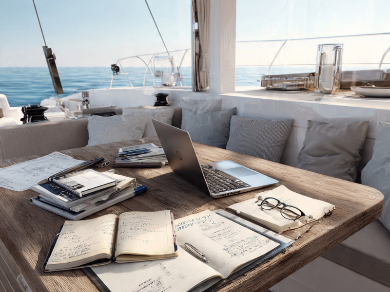 Documents administratifs et ordinateur sur la table d’un voilier pour la gestion du bateau