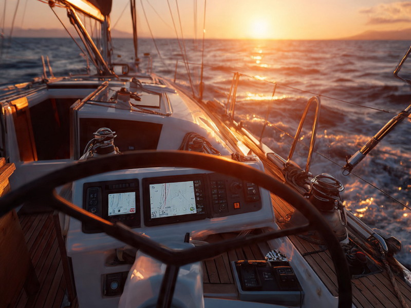 Cockpit de catamaran avec instruments de navigation et barre de pilotage au coucher du soleil en mer