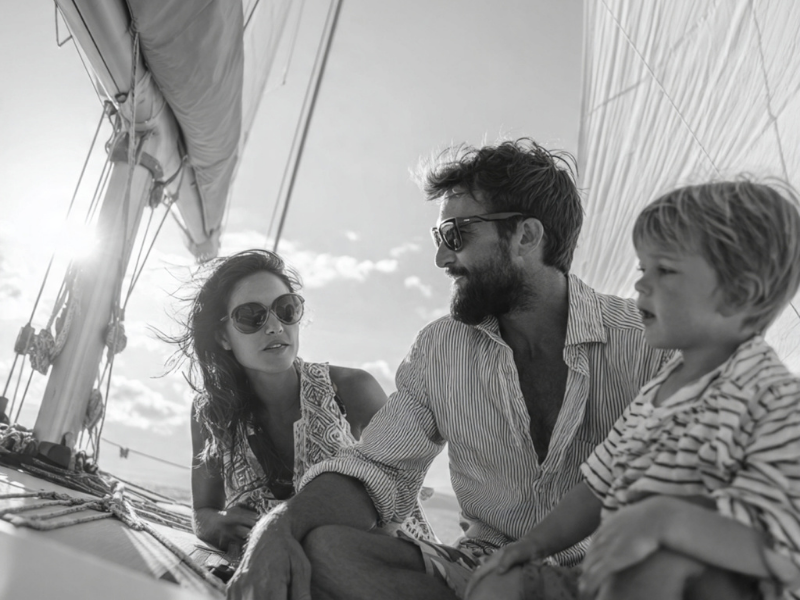 Famille à bord d’un voilier dans un espace de vie réduit