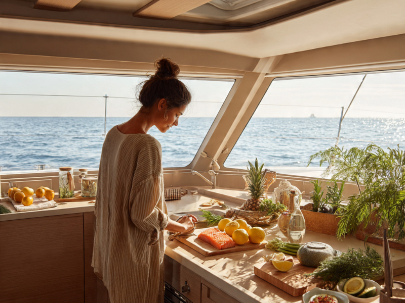 Cuisine d’un catamaran avec préparation d’un repas face à la mer