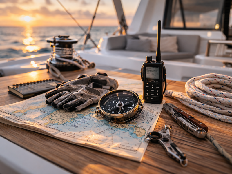 équipement de navigation et de sécurité sur un voilier avec compas et radio marine