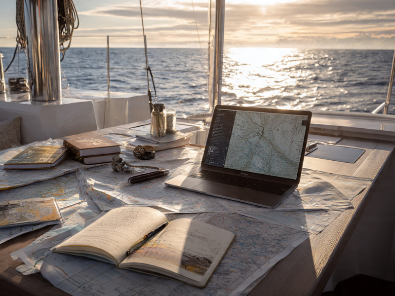 Table avec cartes marines et ordinateur pour planifier une navigation et analyser la météo en voilier