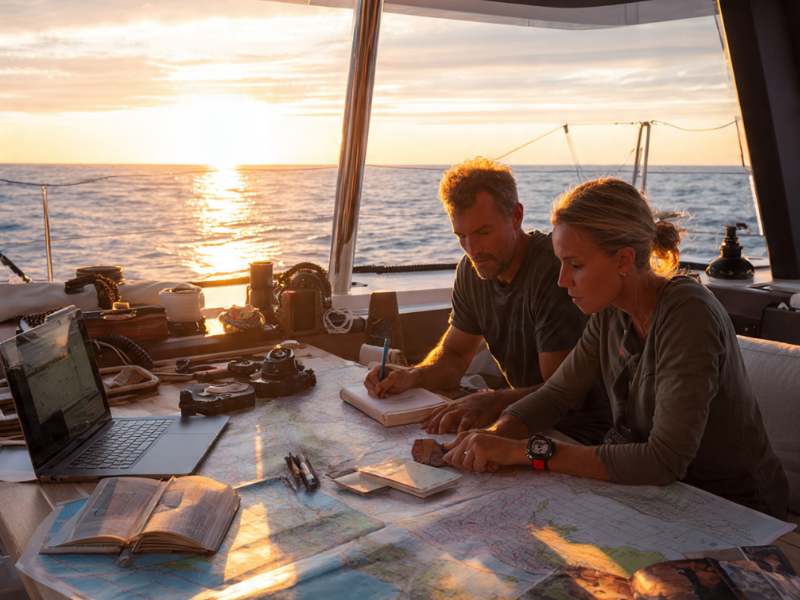 couple préparant une navigation sur un voilier avec cartes marines et ordinateur