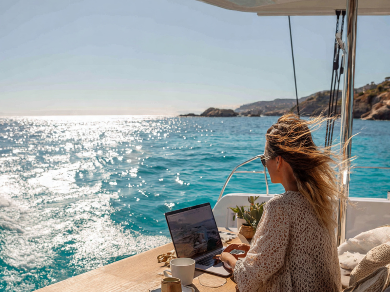 Femme travaillant sur un ordinateur portable à bord d’un catamaran avec la mer turquoise en arrière-plan