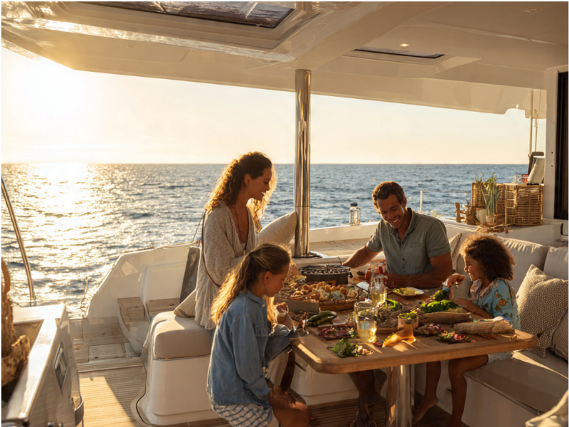 famille partageant un repas dans le cockpit d’un voilier au mouillage