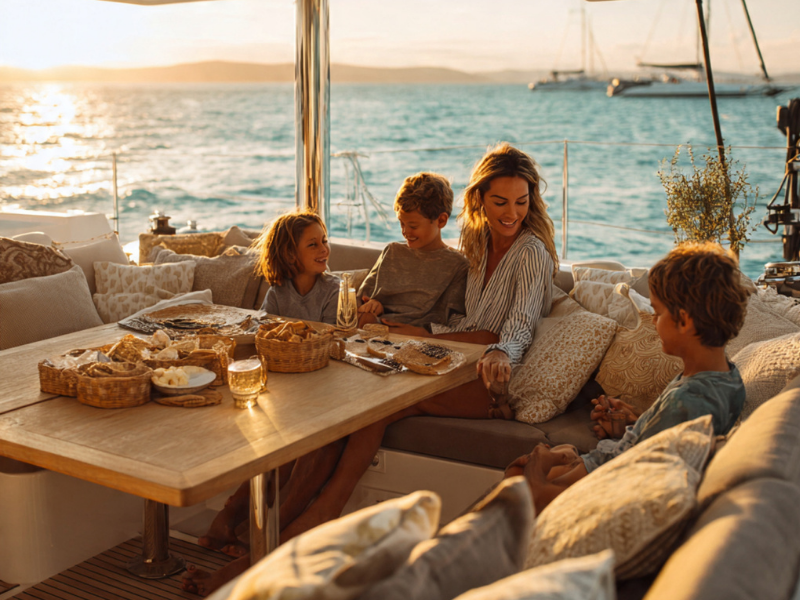 Famille partageant un repas au coucher du soleil dans le cockpit d’un catamaran en mer
