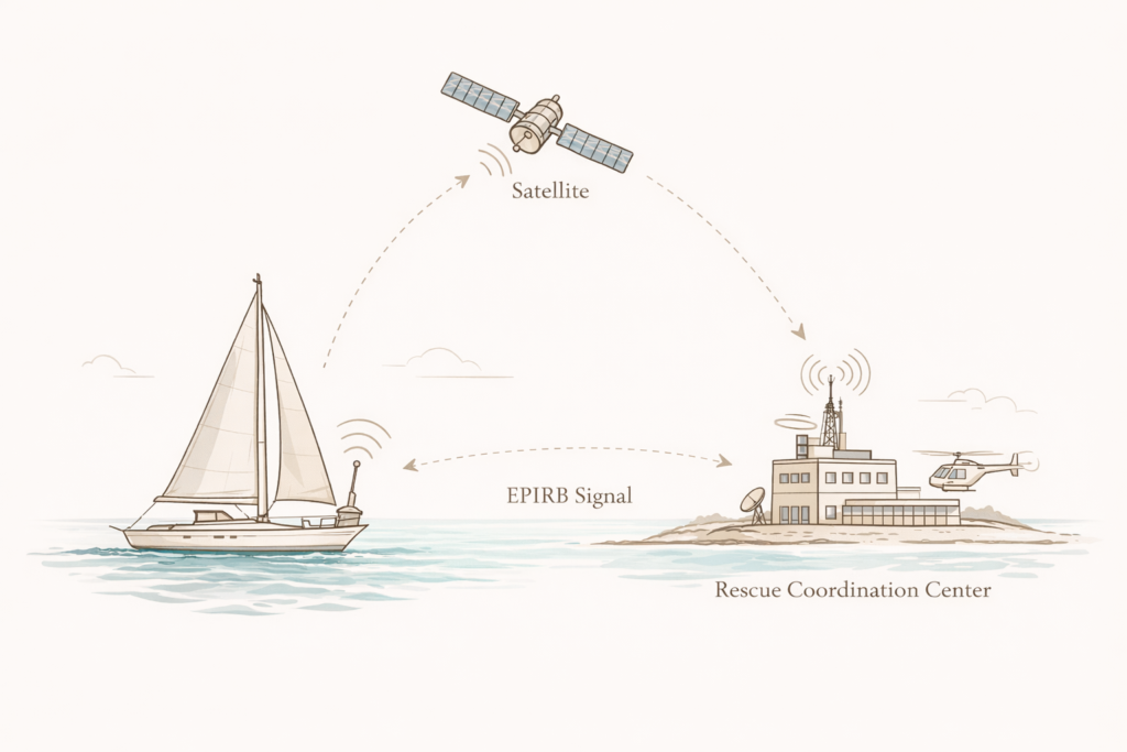 Fonctionnement d’une balise EPIRB en mer avec signal satellite et centre de secours