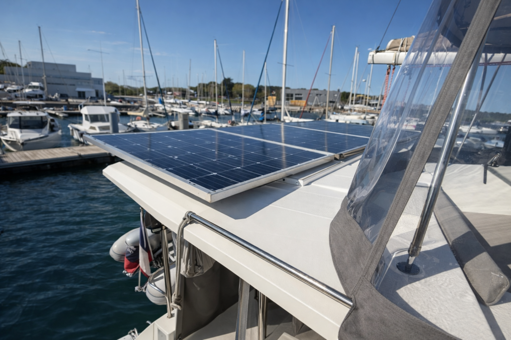 Panneau solaire fixé sur le toit d’un catamaran dans une marina avec bateaux en arrière-plan