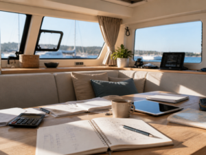 Carnet de budget ouvert sur la table d’un catamaran familial lumineux, pour préparer une vie en mer en famille.