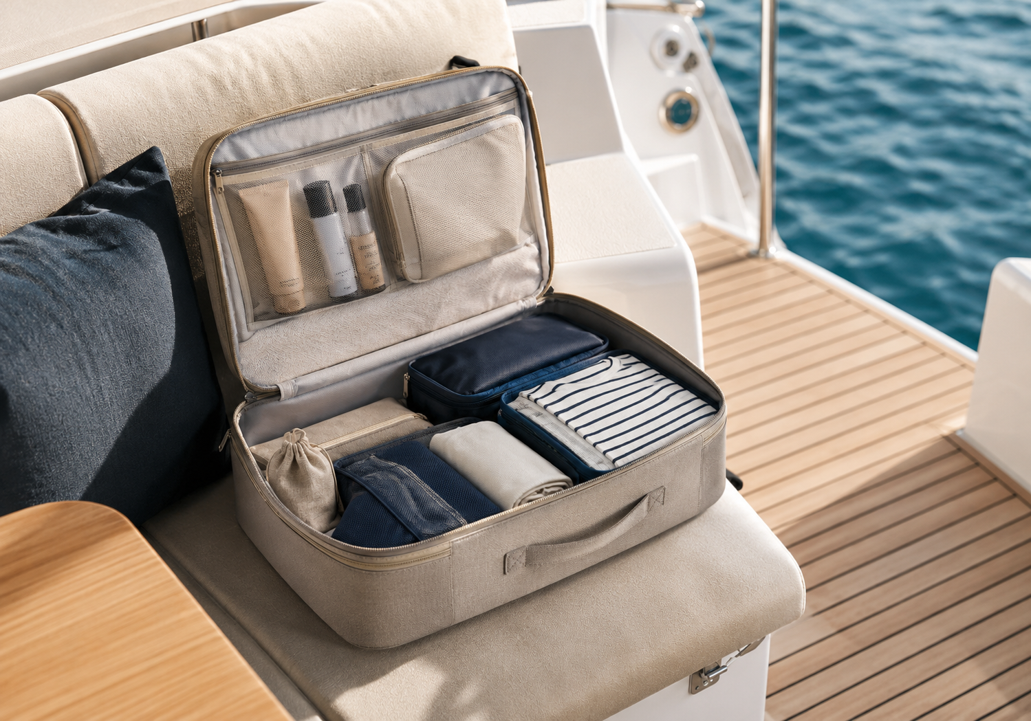 Valise compacte et organisée avec des vêtements et accessoires à bord d’un bateau